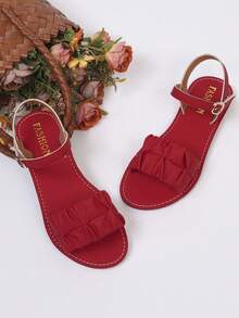 Women's Pleated Ankle Strap Open Toe Flat Sandals, Casual Summer Style, Comfortable Soft Sole Non-Slip Lightweight PU Leather Sandals, Suitable For Daily Wear - Red - View 7