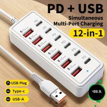12‑Port Multi‑Protocol Fast Charging Dock, 6 USB + 6 Type‑C , Compact Desktop Charging Station, No External AC Adapter Required - Black - View 7