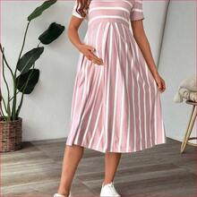 VUUG
  Vestido de maternidad casual estilo midi con cuello redondo y mangas cortas a rayas para mujeres embarazadas - Negro01 - Ver 6