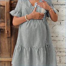 HENG
  Vestido de enfermería con cuello en V, manga corta con volantes, estampado floral y lazo, a rayas, informal, adecuado para la playa y vacaciones, para maternidad - Azul y blanco - Ver 9