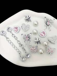 16pcs Rhinestone Chain Pink Diamond Heart Butterfly (12mm Pearl) Seven-Pointed Star Resin Fashion Minimalist Ins Style DIY Shoe Decoration - Multicolor - View 2