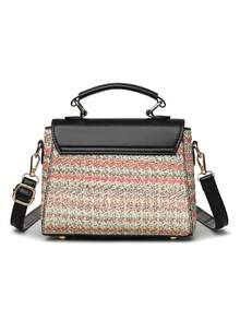 Retro Minimalist Printed Crossbody Bag With Adjustable PU Strap, Flap Closure, New Year - Hot Pink - View 8