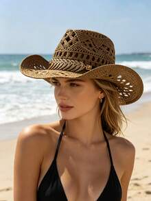 1 chiếc mũ cao bồi miền Tây unisex đính đá quý, mũ rơm in họa tiết rỗng, mũ đi biển chống nắng mùa xuân/hè, mũ chống nắng thường ngày (Sau khi nhận sản phẩm, nếu vành mũ bị biến dạng, cần phải tự điều chỉnh lại). - MZ3056+ML20 - Xem 9