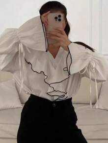 Blusa casual francesa con volantes superpuestos y colores contrastantes - Blanco - Ver 2