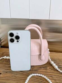 1pc Girls Solid Color Crocodile Pattern PU Magnetic Closure Fashion Handbag Pearl Chain Mini Shoulder Crossbody Bag Suitable For All Seasons Daily Use - A - View 5