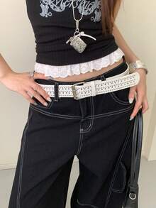 1pc White PU Material Women's Street Style 3-Row Rivet Personalized Belt - Beige - View 1