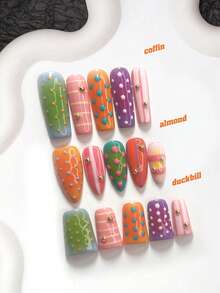 10pcs Handmade Press-On Nail Set, Dopamine Style Polka Dot Design, Green, Purple And Orange Nail Polish, Includes Nail Tools, 3 Sizes Available, Almond/Duck/Coffin Shape, Suitable For Party, Dancing, Daily Wear - Multicolor - View 1