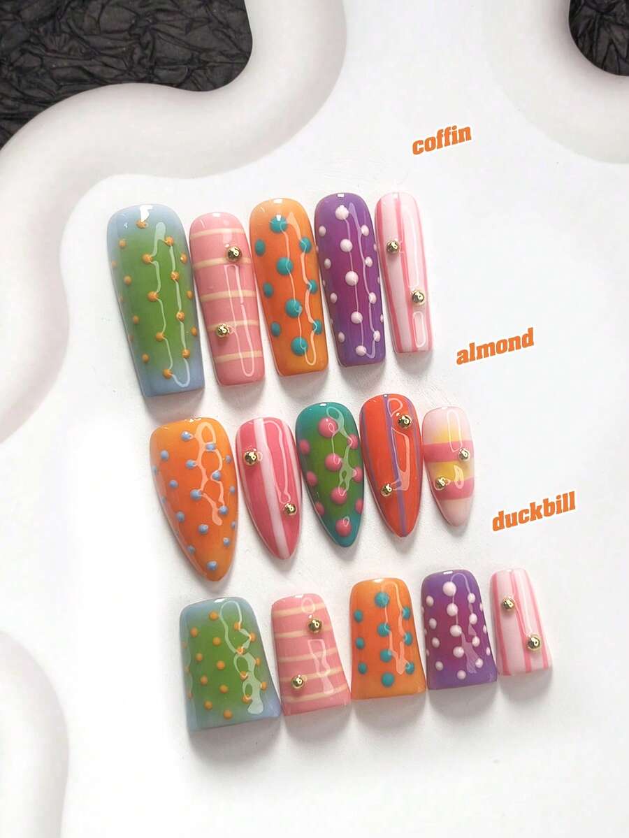 10pcs Handmade Press-On Nail Set, Dopamine Style Polka Dot Design, Green, Purple And Orange Nail Polish, Includes Nail Tools, 3 Sizes Available, Almond/Duck/Coffin Shape, Suitable For Party, Dancing, Daily Wear - Multicolor - View 1