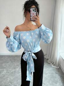 Elegant Women's Off-Shoulder Blouse With Polka Dots And Front Bow - Puff Sleeves, Round Neck, White, Machine Washable, Ideal For Casual Or Semi-Formal Wear In All Seasons - 藍天 - 查看 5