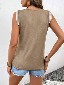 Camiseta sin mangas para mujer, cuello en V, con ribete a rayas, tejido de punto, ajuste holgado, estilo casual, elegante, transpirable, para primavera y verano, uso diario - Caqui - Ver 3