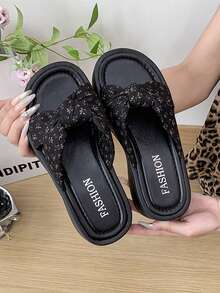 1 Pair Women's Wedge Platform Sandals, Fashionable Pastoral Ditsy Floral Open Toe Breathable Slides, Casual Outdoor Vacation Leisure Bow Knot Comfortable Wedge Heel - Black - View 3