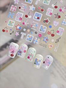 1pc 5D Preppy Style Nail Stickers, Plaid And Button Nail Art Stickers, Self-Adhesive DIY Nail Decoration Accessories, Summer Minimalist Nail Decals, Suitable For Back To School, Casual And Daily Wear, Premium Nail Supplies For Women - Multicolor - View 6
