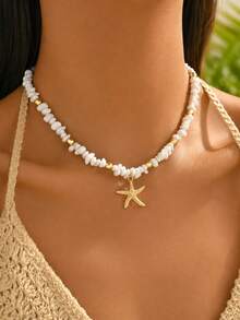 1pc Bohemian Style Stone Beaded Necklace With Metal Starfish Pendant, Suitable For Women's Daily And Travel Wear - Multicolor - View 1
