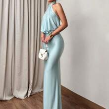 dahkjdgajy  Vestido elegante y digno de invitada de boda con elástico, vestido largo fruncido de cuello halter con tela brillante - Azul - Ver 4