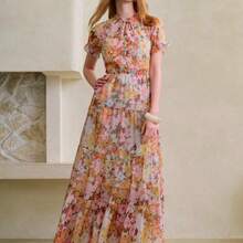 xuehuamaoyi02  Vestido corto con estampado floral, manga corta con volantes y bajo con volantes de gasa para mujeres - Púrpura malva - Ver 8