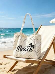 白色波點海灘托特包，印有「Beach」字樣與棕櫚樹圖案，大容量帆布單肩包，可重複使用，適合購物與旅行，可折疊帆布單肩托特包，通勤包，平板電腦包，收納包，夏季必備旅行包，適合海灘旅行、泳池日、購物與日常使用，適合女性、旅行者與海灘愛好者，完美適用於春假、復活節、母親節、度假與送禮 - 彩色 - 查看 12