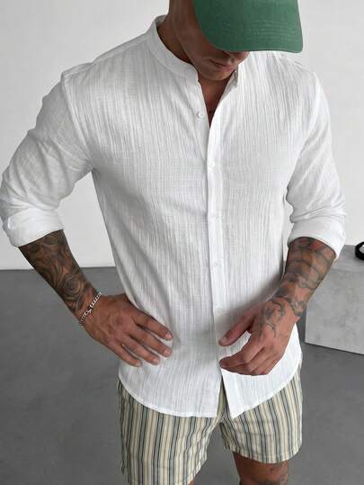 glestore Áo sơ mi nam cổ Henley tay dài phong cách vintage, làm từ vải chống nhăn tăng cường độ bền bề mặt, có nẹp cài cúc, phù hợp cho nhiều dịp như công sở, đi làm, mặc thường ngày, sự kiện sang trọng và đi du lịch