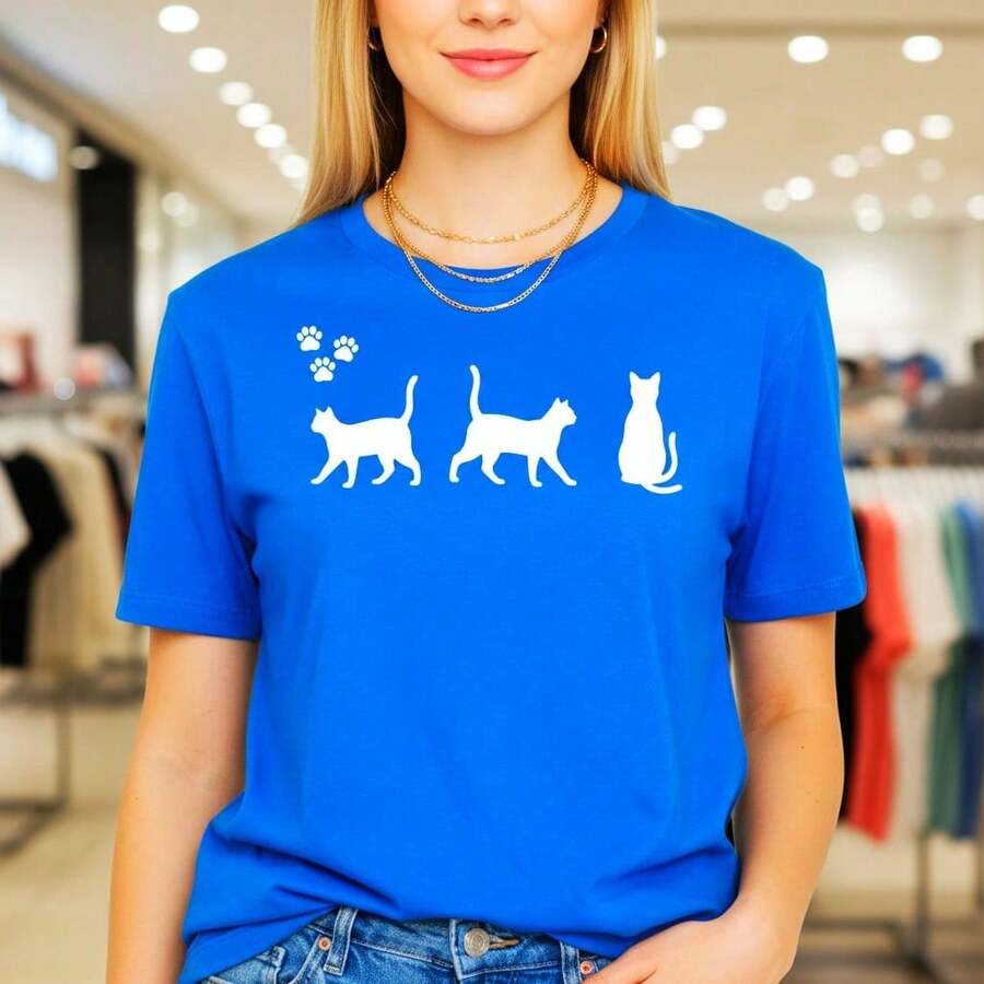 Stylish Everyday Outfits: Women's Pure Cotton T-Shirt With Cat Print, Short Sleeve, Round Neck, Casual Style With Cute Kitten Paw Prints, Loose Fit For Everyday Wear, Various Sizes, Soft And Breathable Cotton Fabric, Fashion Graphic T-Shirt For Cat Lovers, Lightweight Basic Summer T-Shirt, Black/White Color Options, Loose Summer Clothes For Women. - 藍色 - 查看 1