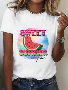 Women's One-Piece Printed Short-Sleeve Tee, Featuring A Fresh Summer Fruit Series. This Sweet And Cool Short-Sleeve Tee Boasts A Summery Watermelon Tie-Dye Print And Fun Slogans, Making It A Versatile Streetwear Piece Perfect For Everyday Wear. A Comfortable Basic Tee For Fall, This Short-Sleeve Print Is Ideal For Outdoor Activities And Is Unisex. Perfect For Couples, Parents, And Children, This Family-Friendly Tee Is A Great New Arrival. It's Also A  Gift Option And . - 白色 - 查看 1