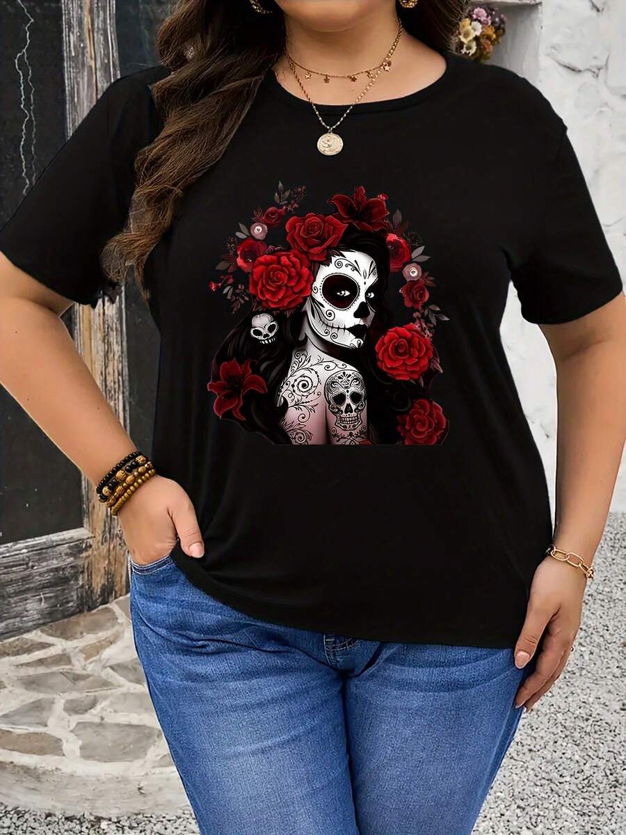 Women's Oversized Graphic Print T-Shirt Spring Summer Women's Oversized Graphic Print T-Shirt Spring Summer Plus Sizes, Clothing, Shoes & Jewelry > Women's Fashion > Women's Plus Size Clothing > Ready-To-Wear Garments > Plus Size Tops > Plus Size T-Shirt - Day Of The Dead - 黑色 - 查看 1