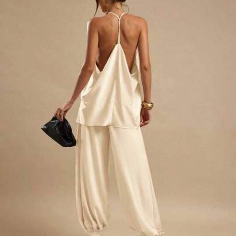 Pantalones de satén elegantes tipo farol para mujer, color amarillo jengibre, corte slim, apropiados para salir, brunch, verano, bodas, luna de miel, vacaciones en la playa - Albaricoque - Ver 1