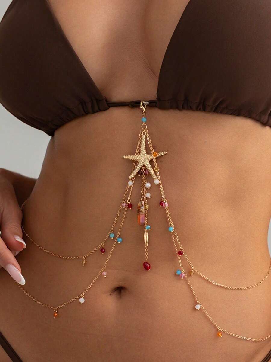 1pc Fashionable Elegant Sexy Thin Chain Colorful Rhinestone Starfish Pendant Bikini Body Chain, Simple Personalized Versatile Starfish Multi-Pendant Thin Chain Tassel Chest Chain Suitable For Women's Daily And Vacation Wear (Colorful Rhinestone Color, Quantity, And Position Are Random) - Gold - View 1