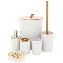 7-Piece Bamboo Bathroom Accessory Set / Modern Bathroom Essentials Set (White). This Bathroom Set Makes An Excellent Gift For Family, Friends, Colleagues, Or Clients. - F-Beige - View 1