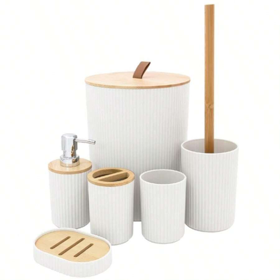 7-Piece Bamboo Bathroom Accessory Set / Modern Bathroom Essentials Set (White). This Bathroom Set Makes An Excellent Gift For Family, Friends, Colleagues, Or Clients. - F-Beige - View 1