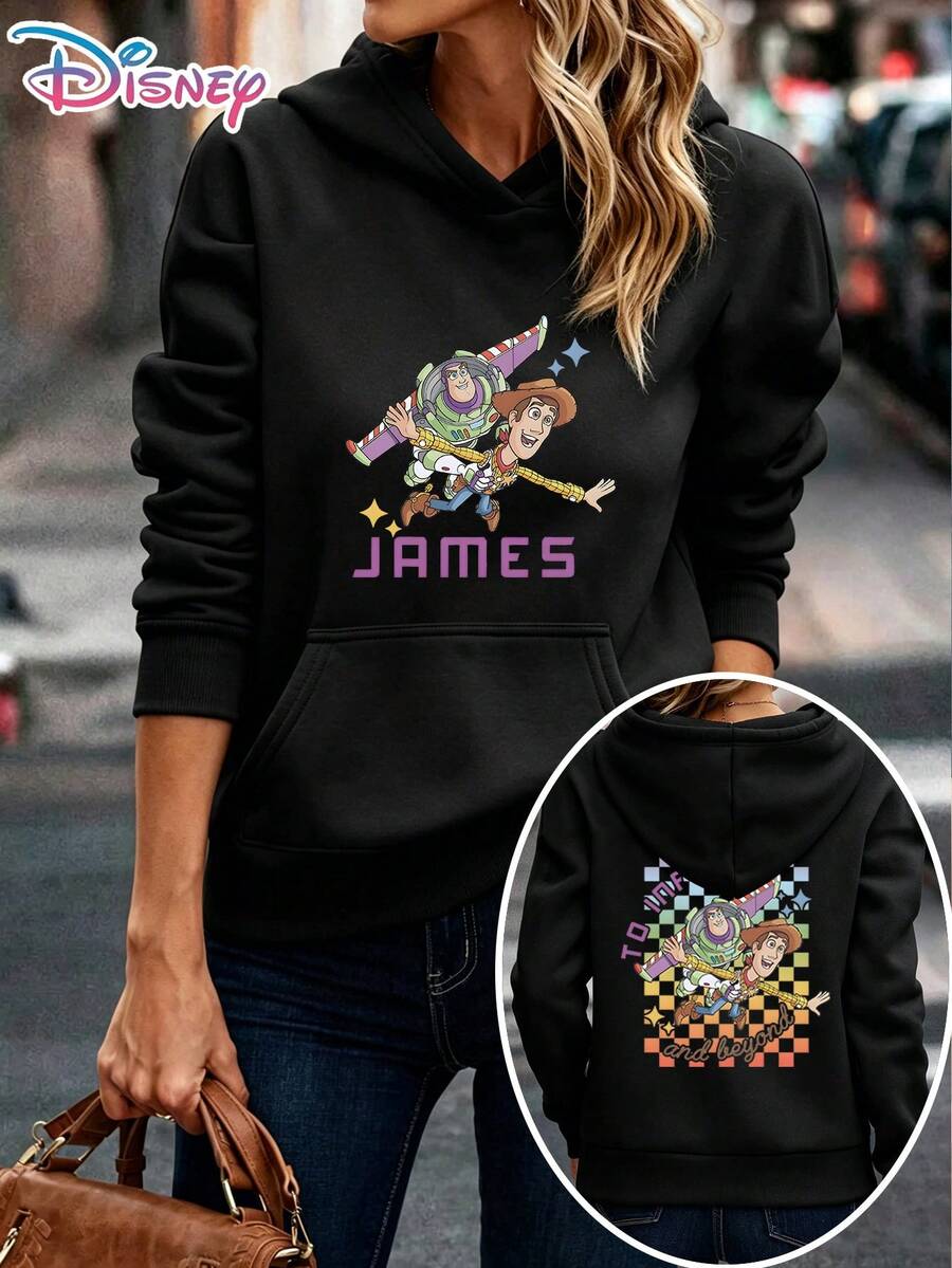 Disney Toy Story Buzz Lightyear & Woody To Infinity And Beyond Two-Sided Hoodie Women Casual Daily Wear Long Sleeve Soft Comfortable Retro Adventure Themed Outfit It Is A Gift For Fans And Friends, And It Is Also A Perfect Gift Choice For Lovers And Family. - Black - View 1