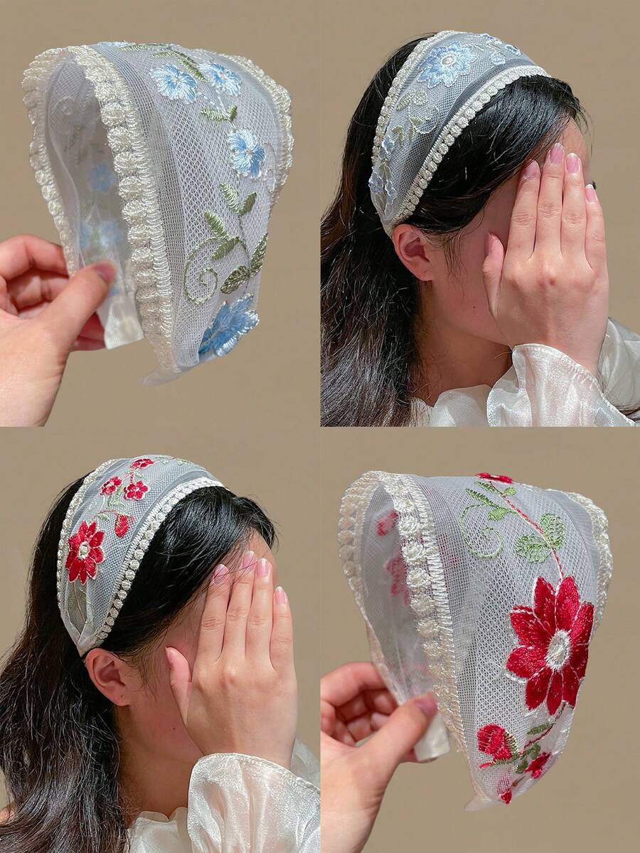 2件組女款刺繡花卉網紗蕾絲寬版髮箍 波希米亞風 女用髮飾 適合日常休閒、外出、海灘度假、拍照氛圍 夏日配件 送禮髮箍 - 彩色 - 查看 1