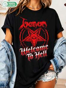 Vintage Band T-Shirt, Metal Music Sweatshirt, Black Metal Clothing "Welcome To Hell," In Alliance With Satan, Unisex Graphic Clothing For Rockers, Gift. - 黑色 - 查看 1