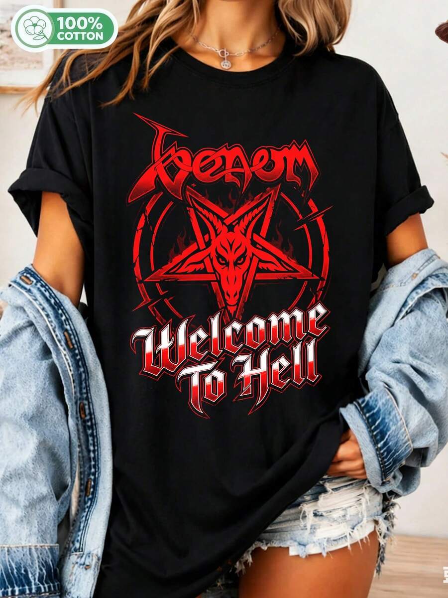 Vintage Band T-Shirt, Metal Music Sweatshirt, Black Metal Clothing "Welcome To Hell," In Alliance With Satan, Unisex Graphic Clothing For Rockers, Gift. - 黑色 - 查看 1