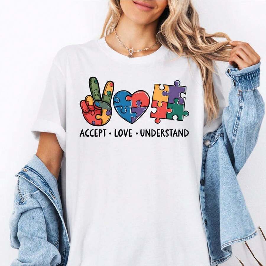 Camiseta de concienciación, Sudadera de apoyo, Sudadera con capucha de aceptación, amor y comprensión, Camiseta de terapeuta ABA, Sudadera para mamá. - Blanco - Ver 1
