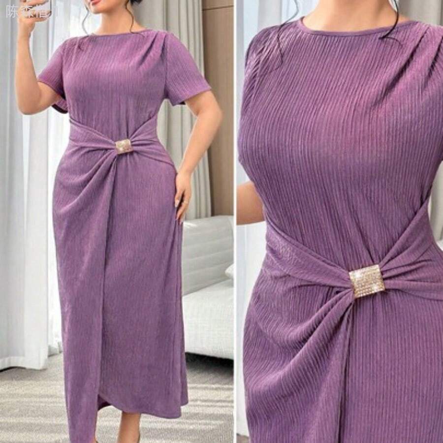 jianchaimaoyi02 Vestido envolvente de unicolor elegante talla grande, para verano - Púrpura polvoriento - Ver 1
