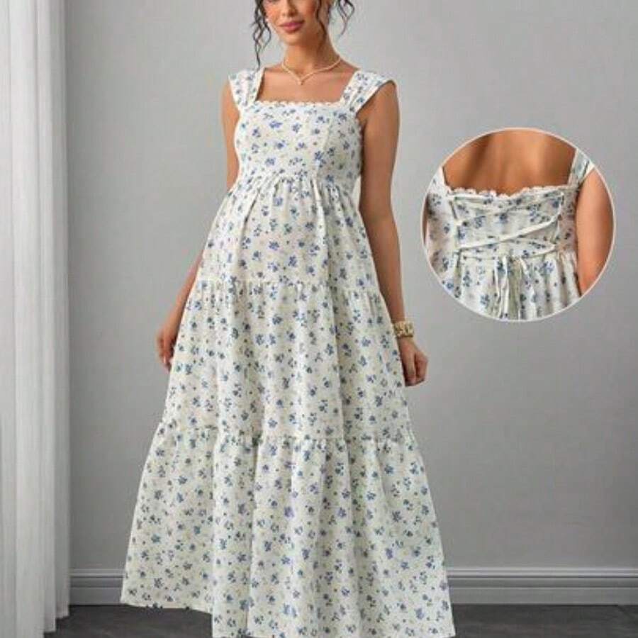 YYRR Momance Vestido de maternidad con tirantes anchos, ribete de volantes, espalda con cruce y lazo, silueta ajustada en línea A, falda de varios niveles, vestido largo con estampado floral - Azul y blanco - Ver 1