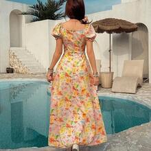 yonghongmaoyi1  Vestido largo con cuello cuadrado, mangas abultadas y fruncido, estilo coreano, con estampado floral naranja, para mujer. Vestido largo y ajustado, ideal para vacaciones, uso diario y streetwear de verano. - Amarillo claro - Ver 3