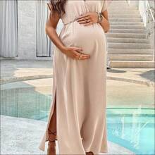 WNST
  Vestido casual de maternidad con cuello en V, manga corta y abertura en el bajo para mujeres embarazadas - Azul marino - Ver 2