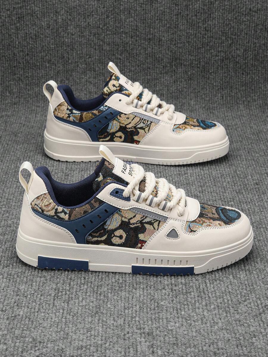Men's Classic Leather & Mesh Patchwork Cartoon Pattern All-Season High-Top Sneakers, Outdoor Casual Skate Shoes, Preppy Style Everyday Plus Size Athletic Shoes