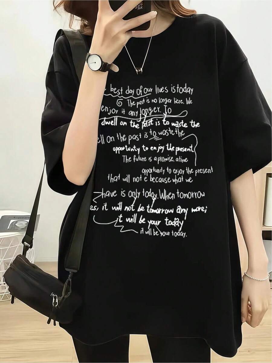Comfortable Size T-Shirt, 100% Cotton, Black, Modern Design, Inspirational Phrases, Casual Urban Style, Suitable For Men And Women, Sizes S, M, L, XL, Fashionable Everyday Wear - 黑色 - 查看 1
