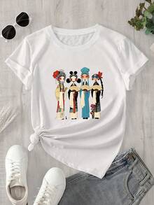 Top de manga corta con cuello redondo para mujer, estampado con la imagen de tres mujeres asiáticas con vestimenta tradicional, apto para todas las estaciones. - Blanco - Ver 1