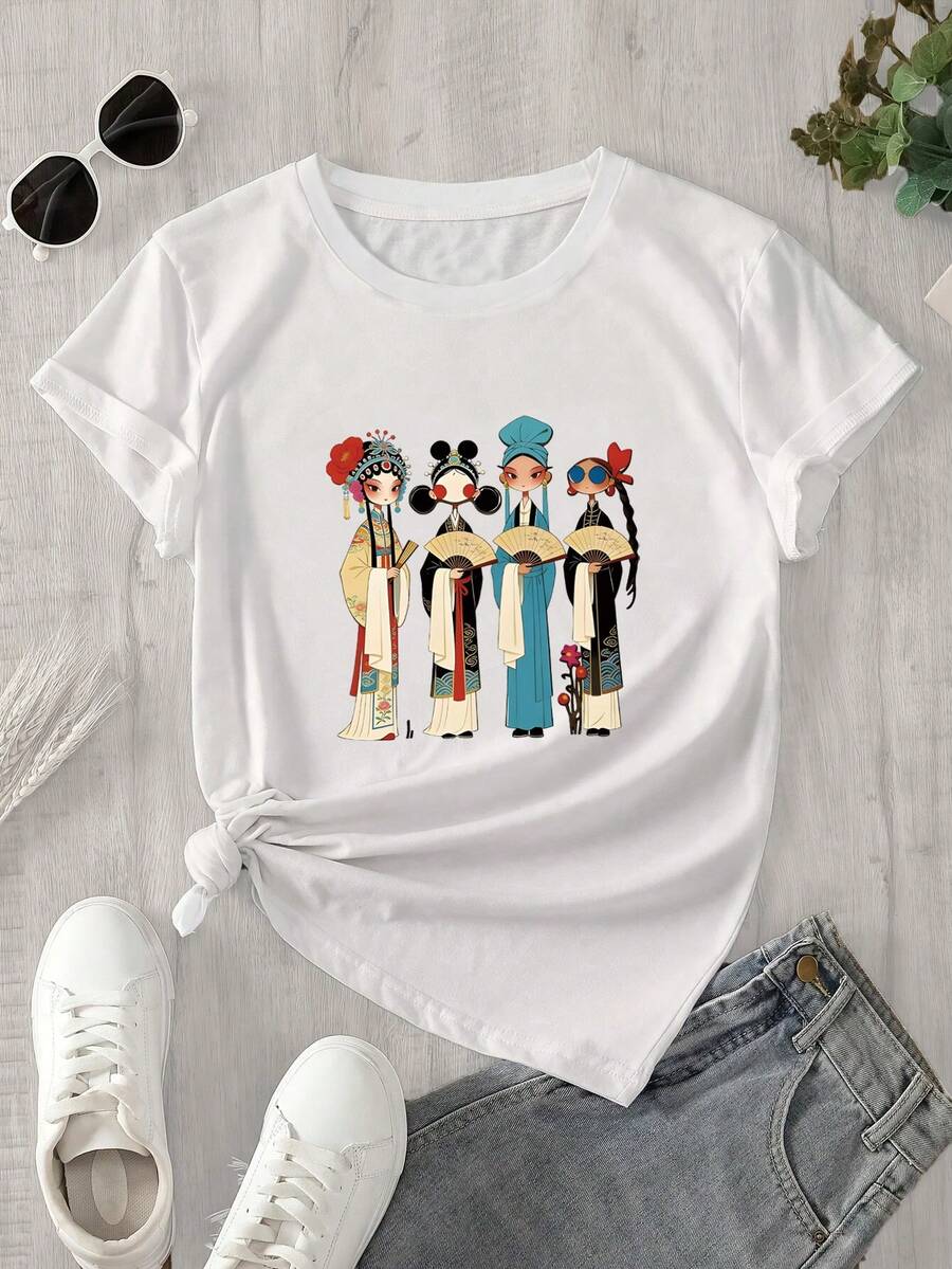 Top de manga corta con cuello redondo para mujer, estampado con la imagen de tres mujeres asiáticas con vestimenta tradicional, apto para todas las estaciones. - Blanco - Ver 1