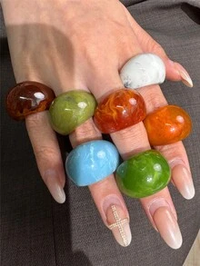 4pcs/Set Cincin Resin Minimalis Geometris Unik Bergaya, Set Cincin Oval Besar, Cokelat, Merah, Hijau, Abu-abu, Putih, Gaya Wanita, Cocok untuk Pemakaian Sehari-hari, Liburan, dan Pesta. - MultiWarna - View 2