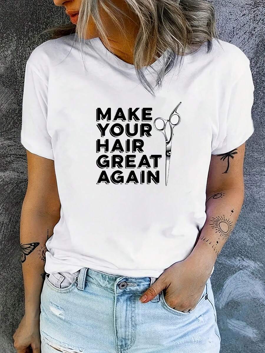 Creative Women's T-Shirt With Barber Scissors Print - 白色 - 查看 1