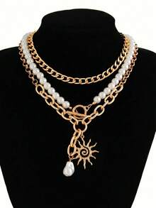 3pcs Fashion Metallic Sun Pendant OT Clasp Necklace Set, Minimalist Pearl Multi-Layer Choker Chain, Suitable For Parties, Holidays, Gifts For Friends And Family, Daily Wear And Commuting - Gold - View 2