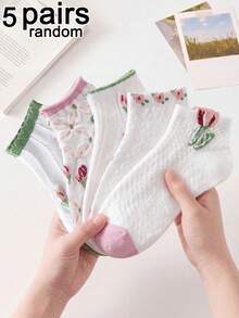 5 paia di calzini corti da donna assortiti casualmente con motivo floreale in rilievo, bianco puro, in rete traforata traspirante, stile semplice fresco e dolce, adatti per outfit primavera-estate in vari contesti - Multicolore - Visualizzare 8