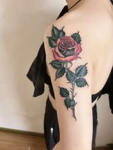 1pc Fashionable Cool Tattoo Sticker, Couple Tattoo, Black Fake Tattoo, Disposable Tattoo, Rose, Flower, Leaf, Waterproof Non-Reflective, Easy To Apply And Remove, Very Realistic, Suitable For Men Or Women Legs, Feet, Chest, Legs, Arms, Waist, Abdomen Tattoo Sticker Music Festival Party Supplies - Black - View 4