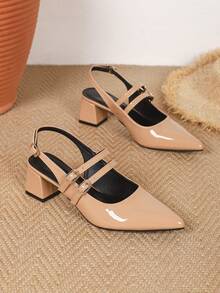 Spring/Summer Elegant Women's High Heels, Chunky Heel Comfortable Mary Jane Shoes, Pointed Toe Apricot Women's Shoes Backless Sandals Closed Toe Pumps, Banquet Style - Apricot - View 6
