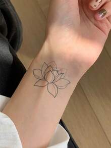 1 Pc Minimalist Lotus Flower Temporary Tattoo Sticker With Delicate Line Art Design, Waterproof Long Lasting Fake Tattoo, Spiritual Boho Body Art For Arms & Wrists - Black - View 4