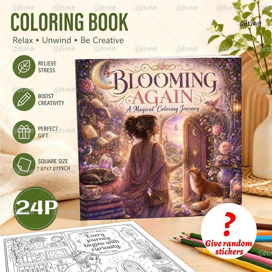 SANRIO GDTME BLOOMING AGAIN: 1pc Bold And Easy-To-Use Blooming Again Coloring Book For Adults And Teenagers, Featuring Magical Fantasy-Themed Illustrations. It Uses 120g Thickened Paper And Has A Total Of 24 Pages, With 5 Random Stickers Included. - Coloring Book - View 1