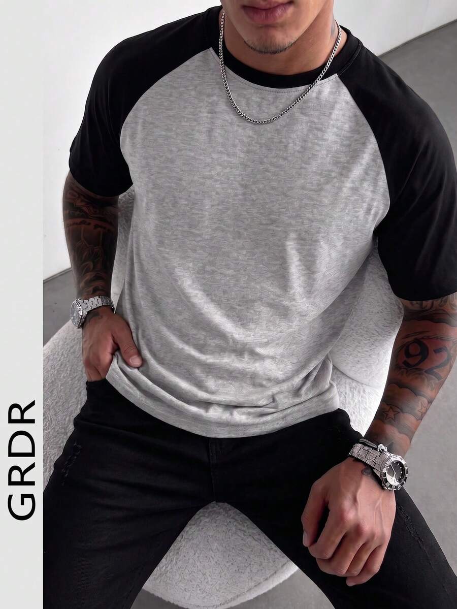 GRDR Men's Summer Raglan Color Block Casual Daily Commute American Vintage Round Neck Short Sleeve T-Shirt | Comfortable & Fashionable - Grey - View 1